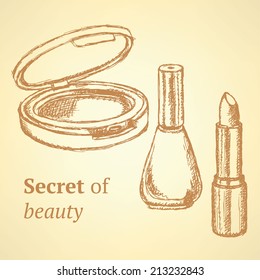 Sketch beauty equipment in vintage style, set 