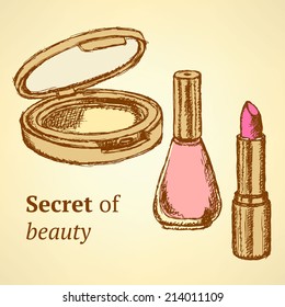 Sketch beauty equipment in vintage style, set 