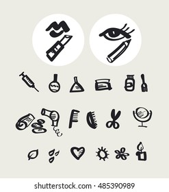 sketch beauty style icons set. feminine hand drawn symbols of style and makeup. vector illustration