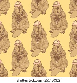 Sketch beaver hipster in vintage style, vector seamless pattern