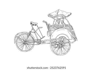 Esboço becak yogyakarta. Triciclo Rickshaw, ilustração vetorial.