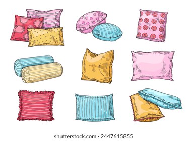 Sketch bed pillows with textile patterns, doodle sleeping accessories. Vector of sketch pillow bed, design drawing interior doodle, comfort sleep soft illustration