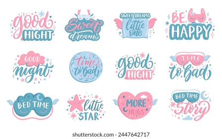 Sketch bed pillows with textile patterns, doodle sleeping accessories of lettering night dream, sweet positive slogan, vector illustration