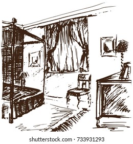 sketch bedroom interior, bed