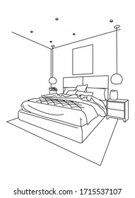 Esbozo del dormitorio. Dibujo interior de estilo lineal.