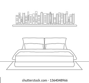 Sketch of the bedroom in thin lines. The interior of the room with a bed and a shelf with books. Vector outline template.