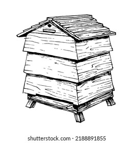 Sketch Of Bee Hive. Hand Drawn Vector Illustration Of Beehive. Home For Honey Bee. Insect House