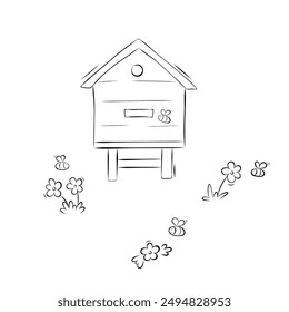 Sketch bee hive and bee house. Simple vector illustration in doodle style