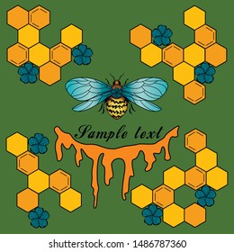 sketch bee on green background with honeycomb, flowers and honey drops around