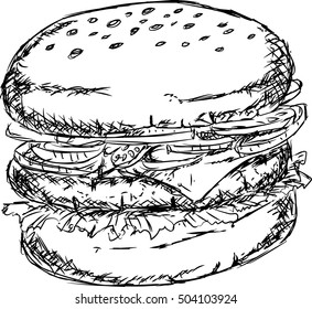 A sketch of beef burger with many layers.