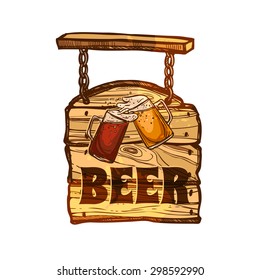 Sketch beer bar or pub sign on wooden board vector illustration