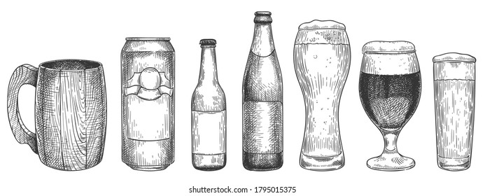 Sketch beer. Beer glasses, mugs and bottles beer, object for web, poster and invitation party or pub menu vintage hand drawn vector set. Beer glass engraving, beverage sketch with froth illustration