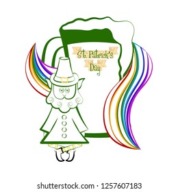 Sketch of a beer with a rainbow and irish elf. Vector illustration design