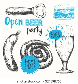 Sketch of beer and snack: sausages and hamburger. Oktoberfest set. Vector illustration for pub menu. Black and blue.