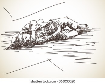 Sketch of beggar kid lying on the ground , Hand drawn illustration