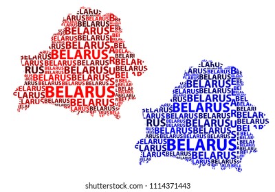 Sketch Belarus letter text map, Belarus - in the shape of the continent, Map Republic of Belarus (Byelorussia or Belorussia) - red and blue vector illustration