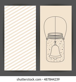 Sketch bell inside mason jar icon. Merry Christmas season and decoration theme. Card of two pages design. Vector illustration
