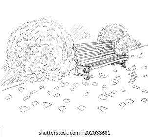 Sketch the bench in a park near the bushes