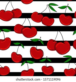 Sketch berries of a cherry on a stripes background, print for textiles. Vector stock illustration