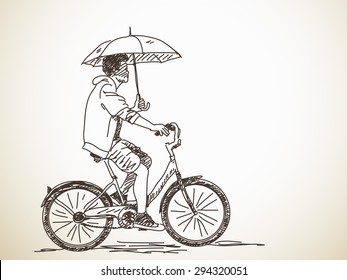 Sketch of bicyclist with umbrella, Hand drawn Vector illustration