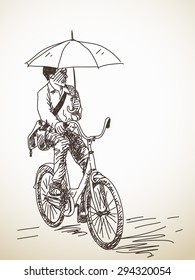 Sketch of bicyclist with umbrella, Hand drawn Vector illustration