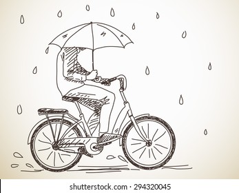 Sketch of bicyclist with umbrella under rain, Hand drawn Vector illustration