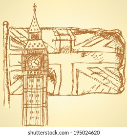 Sketch Big Ben on tile with UK flag, vector vintage background