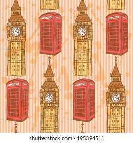 Sketch Big Ben and phone cabin, vector vintage seamless pattern