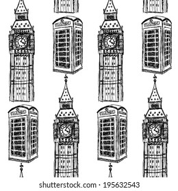 Sketch Big Ben and phone cabin, vector vintage seamless pattern