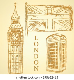 Sketch Big Ben, UK flag and phone cabin, vector vintage background