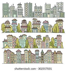 Sketch big city architecture with houses, skyscrapers, trees. Panorama set of streets in a row. Hand-drawn vector colored illustration isolated on white and organized in groups for easy editing.