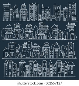 Sketch big city architecture with houses, skyscrapers, trees. Panorama set of streets in a row. Hand-drawn vector illustration isolated on dark and organized in groups for easy editing.