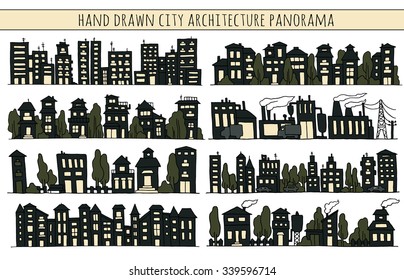 Sketch big city architecture with night black houses, factory, trees, cars. Panorama set of streets in a row. Hand-drawn vector illustration isolated on white and organized in groups for easy editing.