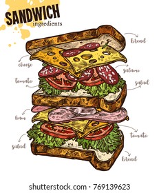 Sketch big sandwich with levitation ingredients. Hand drawn vector flying fast food