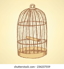 Sketch Bird Cage In Vintage Style, Vector