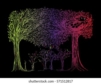 Sketch bird on tree hand drawing illustration.