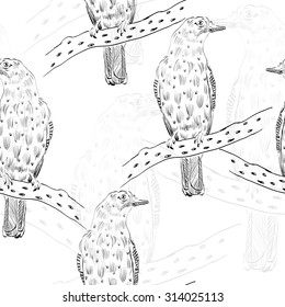 Sketch of bird on a white background. Seamless pattern