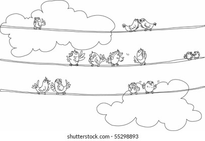 Sketch of Birds Sitting on Rope on white background