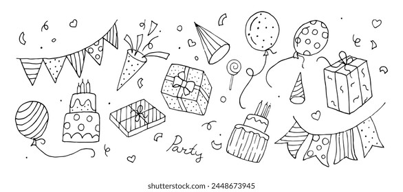 Sketch of Birthday decoration. Balloons, gift boxes, cakes, party hats, confetti. For parties, textile, banners, postcards, wallpapers, wrapping. Hand drawn vector illustration isolated on white