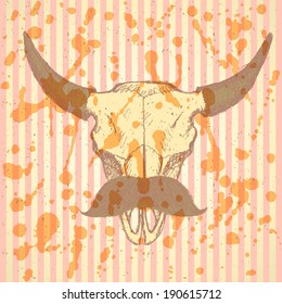 Sketch bison with mustache, vector vintage background