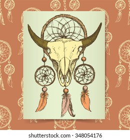 Sketch bison and wind catcher in vintage style, vector poster template