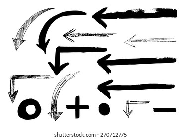 Sketch black arrows collection on a white background, drawing hand, vector illustration.