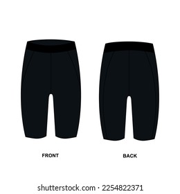 Sketch of black bicycle shorts, vector. Template of sports cycling shorts on a white background. Short black tight-fitting underwear shorts front and back view.