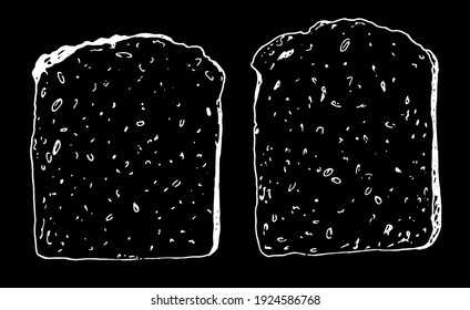 sketch black contour on a realistic sketch , isolated on white. set of Vector drawing of a crunchy piece of bread top view . A series of food illustrations.