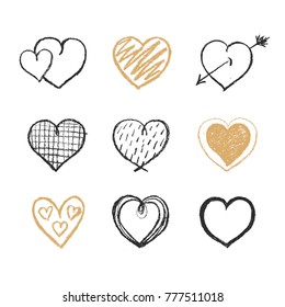 Sketch black and gold hearts icons for valentines and wedding design. Vector illustration