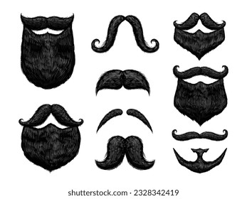 Sketch black mustache and beard. Hand drawn retro gentleman barber styles, engraved vintage vector illustration set. Masculine hipster bearded face for barbershop logo collection, male fashion