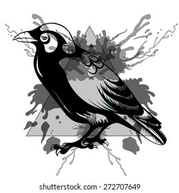 Sketch Black Raven in triangle frame with watercolor ink drop. Hand Drawn doodle vector illustration. Sketch for tattoo. Animal collection.