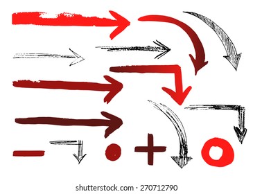 Sketch black and red arrows collection on a white background, drawing hand, vector illustration.