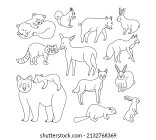 Sketch black set of woodland animals on white background. Cartoon outline collection for kids coloring book. Doodle vector illustration.