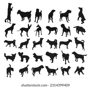 Sketch of black silhouettes of dogs in poses. Outline of pets go, standing, running, jumping, training, walking, guarding, posing, play, showing 
